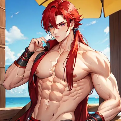 Prompt: Zerif 1male (Red hair covering his right eye) shirtless, muscular, hot
