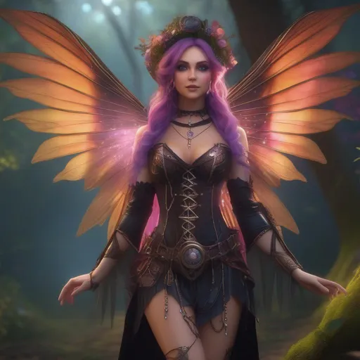 Prompt: ((Epic)). ((Cinematic)). Shes a colorful, Steam Punk, gothic, witch.  ((distinct)) Winged fairy, with a skimpy, ((colorful)), gossamer, flowing outfit, standing in a forest by a village. ((Wide angle)). Detailed Illustration. 4k, 8k.  Full body in shot. Hyper real painting. Photo real. A ((beautiful)), very shapely woman with ((anatomically real hands)), and ((vivid)) colorful, ((bright)) eyes. A ((pristine))  Halloween night. (Concept art). 