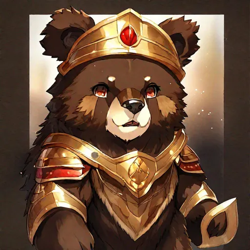 Prompt: Akaviri Potentate Bear Cub, dark brown fur, golden gladiator-like helm with a red crest, tan fur collar, golden disk pendant, masterpiece, best quality, (in watercolor painting style)