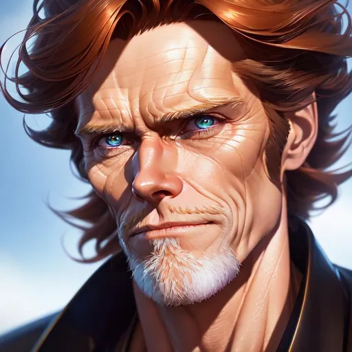 Prompt: Closeup face portrait of a {Willem DaFoe}, smooth soft skin, big dreamy eyes, beautiful intricate colored hair, symmetrical, anime wide eyes, soft lighting, detailed face, by makoto shinkai, stanley artgerm lau, wlop, rossdraws, concept art, digital painting, looking into camera