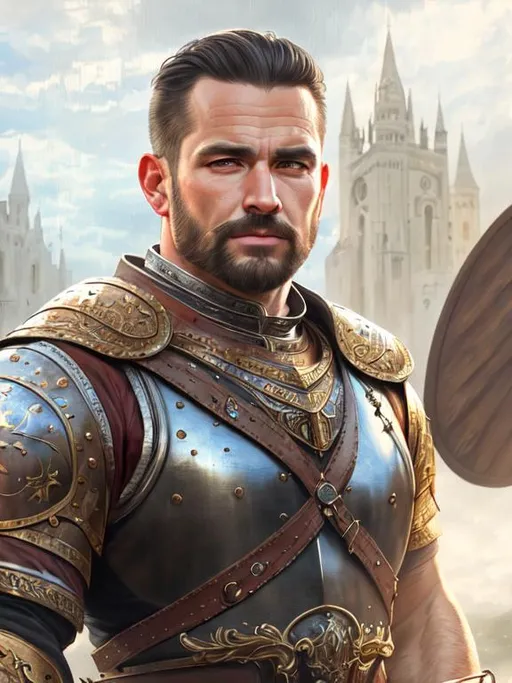 Prompt: UHD, 8k, high quality, ultra quality, cinematic lighting, special effects, hyper realism, hyper realistic, Very detailed, high detailed face, high detailed eyes, medieval, fantasy, oil painting, man, strong man, fitness, georgeus, warrior, armor