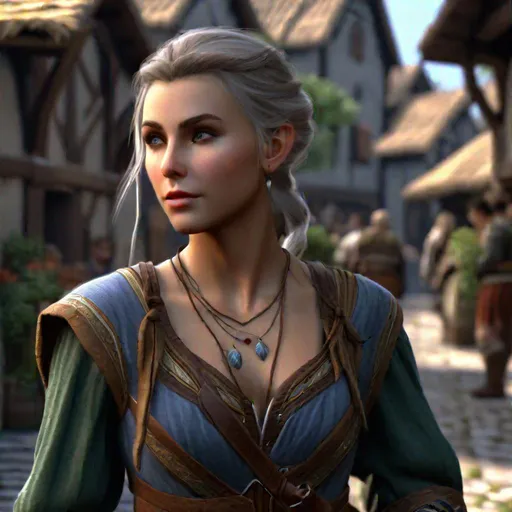 Prompt: D&D half-elf female walking through a village,  highly detailed, professional, render, Sharp focus, HD, UHD, HDR, hyper realistic , 