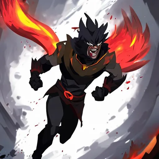 Prompt: Onyx gemstone black character draft style aggressive look happy running in fire