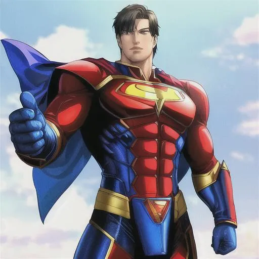 Prompt: Prime-Man is a powerful and noble character that combines the iconic traits of Superman and Optimus Prime. Their design reflects their role as a beacon of hope and a formidable defender of justice. Prime-Man stands tall and muscular, embodying the strength and power of Superman. They have a regal presence, with a blue and red suit that bears resemblance to Superman's iconic costume. The suit is adorned with silver accents and a stylized "P" emblem, representing the merging of the two characters. Prime-Man's face displays a strong jawline and piercing blue eyes that radiate warmth and determination. Their hair, jet black with silver streaks, symbolizes their wisdom and leadership. Their armor is inspired by Optimus Prime, featuring a combination of blue and red plating with silver highlights. It is sleek and streamlined, providing both protection and mobility. Prime-Man wields a powerful energy sword that can emit a blue, radiant energy