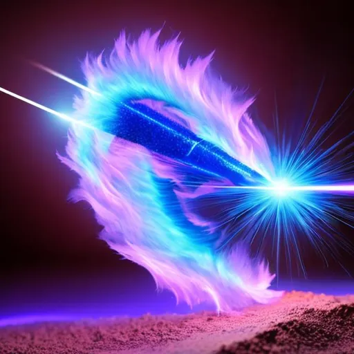 Prompt: purple flame dragon shooting a blue laser beam from its mouth creating a crack in reality