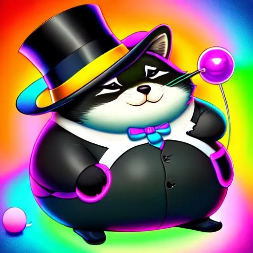 Prompt: fat round raccoon wearing (((top hat and monocle))), fluffy, art style of sam yang and james jean! cute (((neon))) surrealism