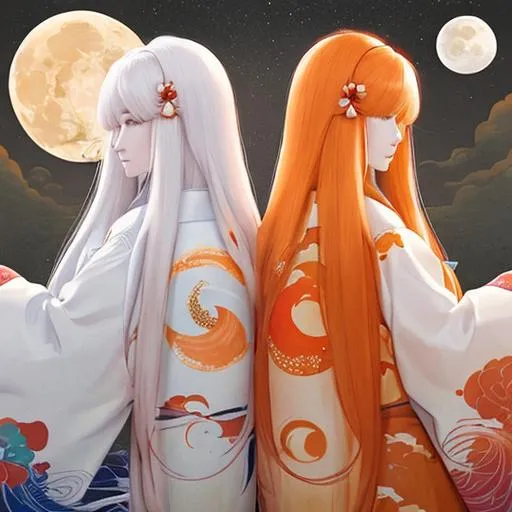 Prompt: two women long white-hair and long orange-hair moon kimono