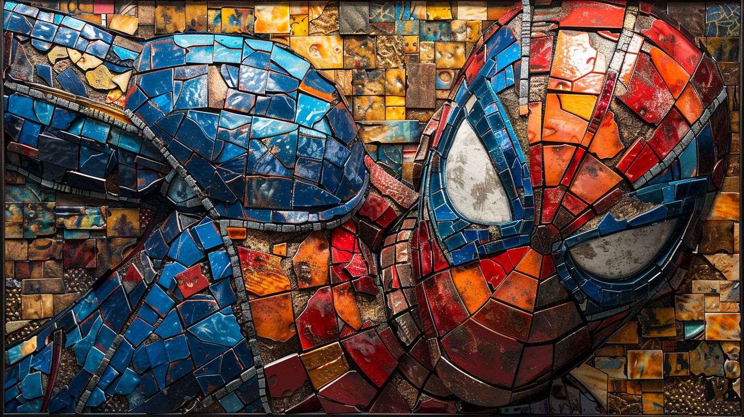 Prompt: marvel super heros dc comics made by tiles, half of tiles are tilted