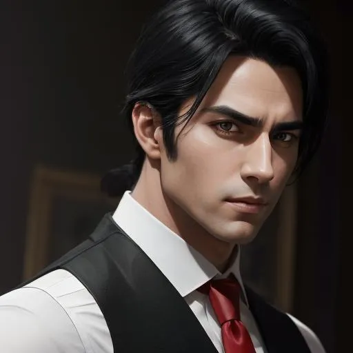 Prompt: Portrait of male with side parted black hair and with handsome face, wearing a black vest, wearing a white undershirt with a red tie, perfect composition, hyperrealistic, super detailed, 8k, high quality, trending art, trending on artstation, sharp focus, studio photo, intricate details, highly detailed, by greg rutkowski