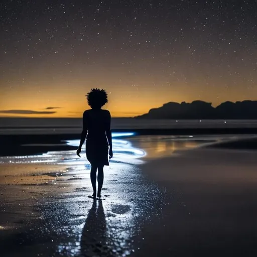 Prompt: A black woman with glowing hands walking on the beach on a very dark night