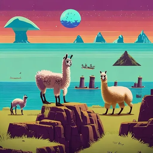 Prompt: Llamas at war with sea lions on the retro 70s inspired planet of gozxigon.