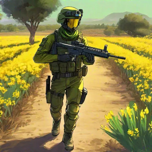 Prompt: A male scifi israeli soldier. IDF helmet. Eyes covedered by a yellow visor. He helds a rifle. Scifi soldiers. Green uniform. In Background a farmed field. RPG art. Fading suns art. Scifi art. anime art. studio trigger art. 2d. 2d art.