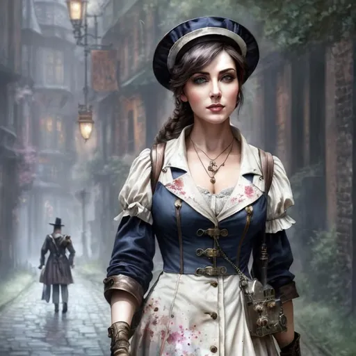 Prompt: A stunning watercolor impressionist painting of steampunk gothic nurse walking cobble road around United Kingdom, The painting is rendered in HDR, DTM, full HD, and 8K resolution, with ultra-detailed brushwork that captures every nuance and detail of the character's iconic suit and features.