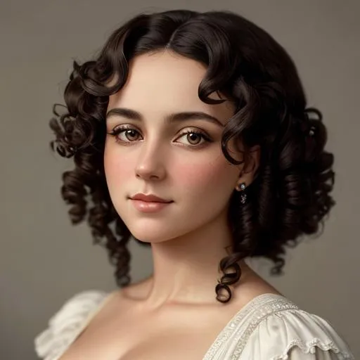 Prompt: An attractive 35 year old woman with very curly hair, elegant, Victorian era, 19th century, facial closeup