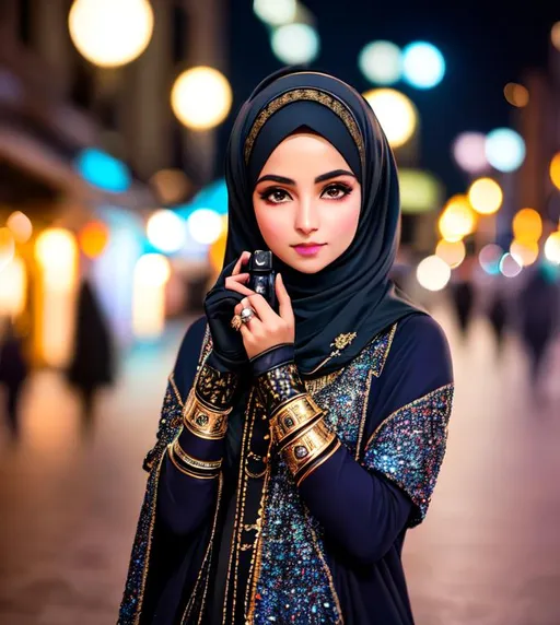 Prompt: A Muslim hijabi model, gloves, fingerless gloves, gun, posing in an empty night street, loop lighting, fine details, intricate, film grain, Canon EOS R5, RAW color photo, highly detailed skin, detailed skin texture, sharp focus, festival, colorful 

