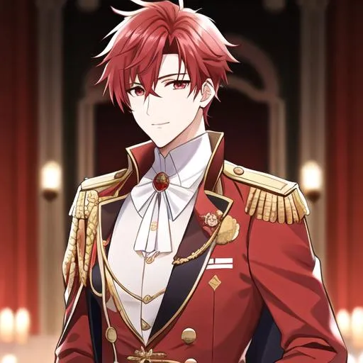 Prompt: Zerif male (Red half-shaved hair covering his right eye) 4k, wearing a royal uniform, hand over his chest bowing