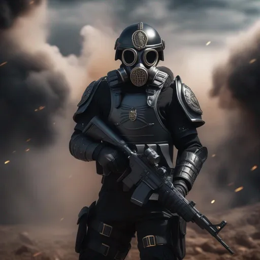 Prompt: A modern roman military male in black military roman armor, and gas mask, background sci fi war, Hyperrealistic, sharp focus, Professional, UHD, HDR, 8K, Render, electronic, dramatic, vivid, pressure, stress, nervous vibe, loud, tension, traumatic, dark, cataclysmic, violent, fighting, Epic