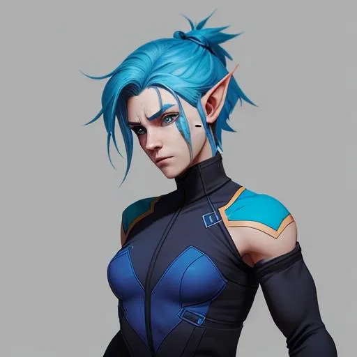 Prompt: Character concept for a friendly half-elf woman. She has the body type of Vi from Arcane. She has the face of Brigitte from Overwatch. She is athletic, with a pretty face. She is wearing minimalist sporty clothing. Her hair is blue. Shia happy.