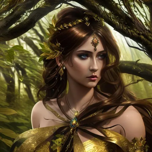 Prompt: Cinematic, Dark, Glamor, Shimmer, 3D HD Heroic Faded-Leaves and silk (Beautiful detailed face{Goddess}female with brown hair dressed as Princess), Morning, hyper realistic, 8K expansive Magical forest background --s99500
