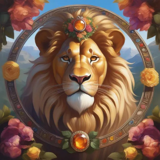 Prompt: (masterpiece, oil painting, Dungeons & Dragons, best quality), beautiful artistic render of a majestic & noble Lion, deity [sun god], peacefully smiling, staring out into the distance, gemstone embedded into its forehead, wearing a flower wreath, 