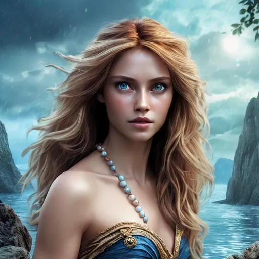 Prompt: 4k 3D professional modeling photo live action human woman hd hyper realistic beautiful english woman light brown hair fair skin blue eyes beautiful face blue simple dress enchanting mystical neverland landscape hd background with live action magic full body pirates mermaids indians lost boys forest