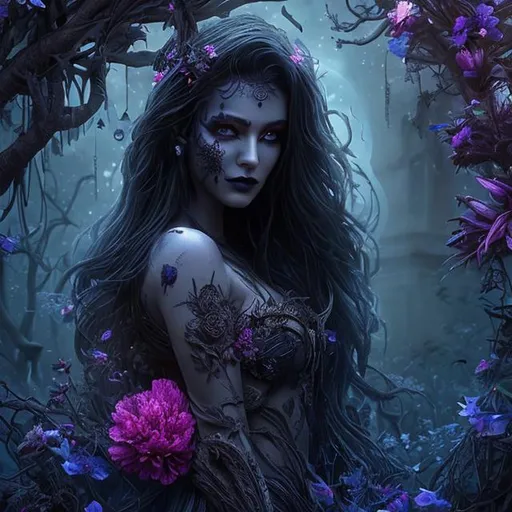 Prompt: beautiful dark goddess of the night with detailed face walking through a moonlit garden of colorful dead flowers cinematic hyper realistic