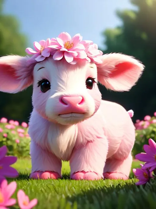 Prompt: Disney Pixar style pink highland calf highly detailed, extra fluffy, intricate, big eyes, adorable, beautiful, soft dramatic lighting, light shafts, radiant, ultra high quality octane render, daytime forest background, field of flowers, bokeh, hypermaximalist,