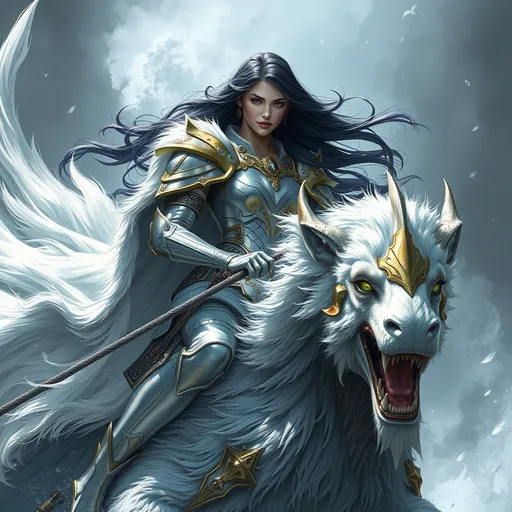 Prompt: (epic fantasy character art), a woman with (long flowing dark hair), wearing (white metallic armor) and a (white and gold furry cape), riding on a majestic mythical creature, capturing the grandeur of a fantasy realm, intricate detail, full of dynamic movement, rich textures, enchanted atmosphere, dramatic lighting, vivid contrast, inspiration from Aleksi Briclot's furry art, ultra-detailed, high quality.