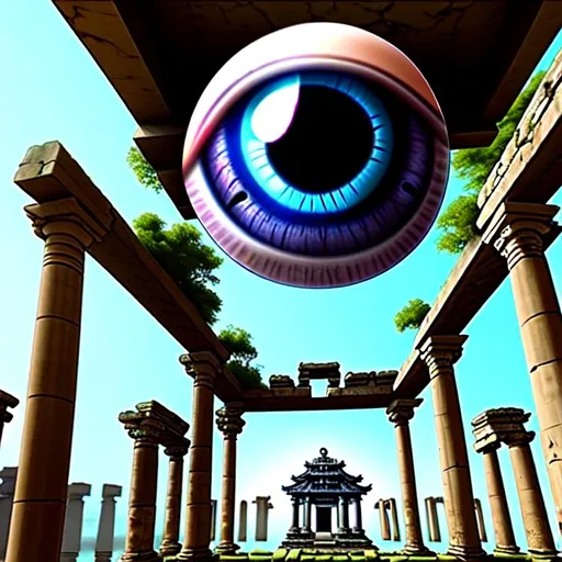 Prompt: hyperrealistic floating eyeball very large hovering over an ancient temple ruins