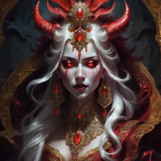 Prompt: Female demon, striking red skin, flowing white hair, adorned in lavish, intricate royal attire, exuding an air of power and elegance, adorned with ornate jewelry and accessories, set against a dramatic, shadowy background, evoking a sense of mystique and allure, high detail, vibrant colors, fantasy realm ambiance.