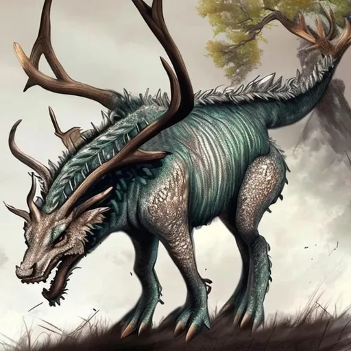 Prompt: A dragon mixed with a deer mixed with a tree 