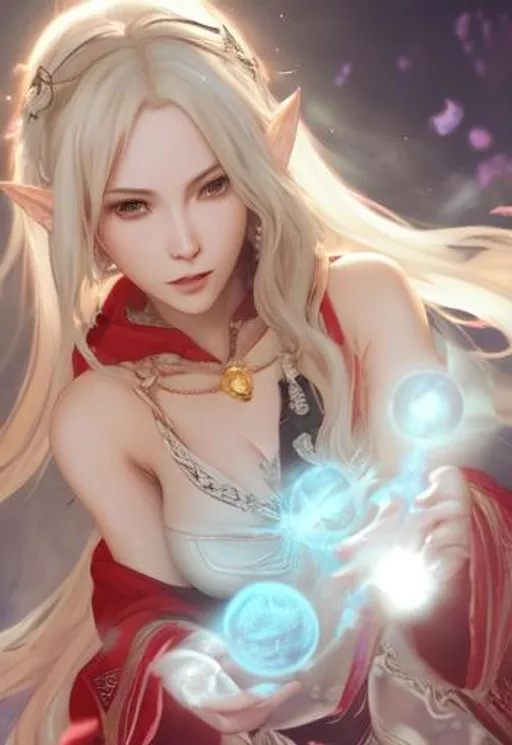 Prompt: Lunafreya Nox Fleuret, masterpiece,best quality,CG,wallpaper,HDR,high quality,high-definition,extremely detailed, angry face, perfect fingers, beautiful hands, cleavage, Elf, sharp chin, Wizard, A young and beautiful female elf casting a spell, mage aura, wearing red mage robe, golden iris, short white long hair, beautiful detailed face features, digital painting by WLOPP, greg rutkowski, JunYoung shin, CL, kim sung hwan, symmetrical facial features, accurate anatomy, sharp focus, smooth, hyper-detailed, hyper-realistic, fashion, subtractive lighting, 16k, full body)