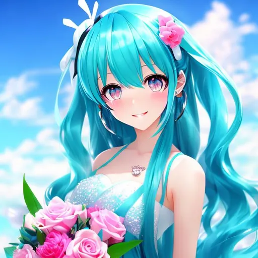 Prompt: high quality, beautiful face, miku hatsune, deviant art, candy , artwork, vocaloid, blue sky, hold flowers bouquet, 
