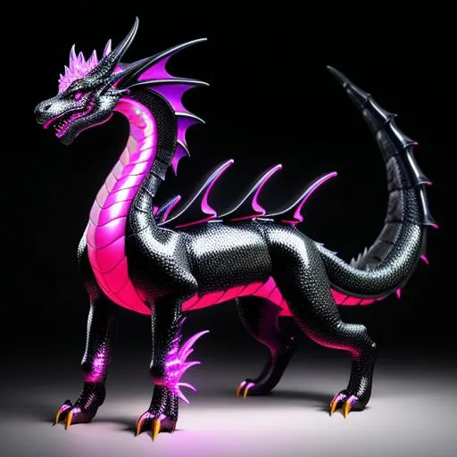 Prompt: Full body for a four-legged quadrupedal smooth skinned and scaleless black latex textured dragon, with bright neon highlights, very glossy and shiny, reflective, perfect composition, hyperrealistic, super detailed, 8k, high quality, trending art, trending on artstation, sharp focus, studio photo, intricate details, highly detailed, Trending on Artstation, Cozy wallpaper, Pastel colors, soft lighting
