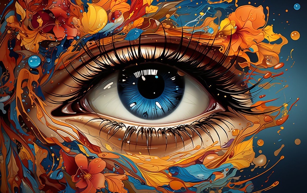 Prompt: an animated digital art illustration of a woman's eye and makeup, in the style of tristan eaton, psychedelic artwork, cyril rolando, orange and azure, conceptual art pieces, psychedelic tableaux, multi-layered figures