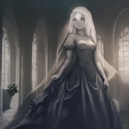 Prompt: Female ghost character, pale white skin, hair, eyes, wears a pale dress, stands in a room made of stone brick, with a tall window behind her