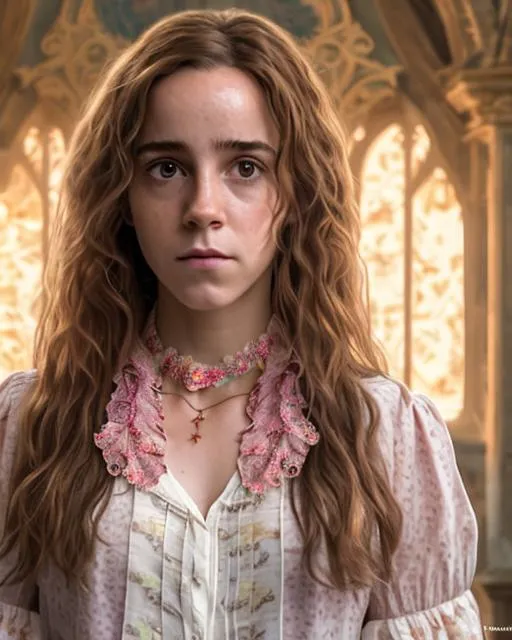 Prompt: Hermione Granger wearing a floral patterned blouse, a big candy necklace around her neck. ultra detailed, highly detailed scenario, photorealistic, intricate, masterpiece, UHD, HDR, symmetric, coherent, epic detail, stunning, beautiful, ,lumen render ,lumen path tracing ,path tracing light ,path tracing shadow ,path tracing special fx, 