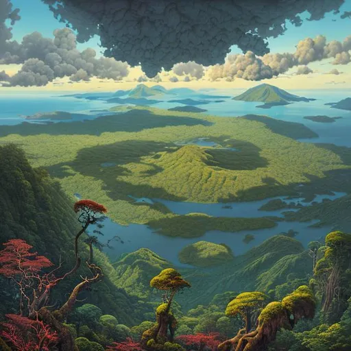 Prompt: Landscape painting, view from a bald mountaintop, lush and dark jungle, blue-black ocean and on an other island a vast volcano in the distance, dull colors, danger, fantasy art, by Hiro Isono, by Luigi Spano, by John Stephens