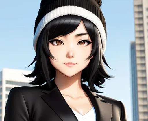 Prompt: manga by Kohei Horikoshi, hot tough 3D korean girl with medium length black fluffy hair and black eyes, pale complexion, Joan Jett lookalike, round face, bushy eyebrows, smirk expression, glaring eyes, beanie, black suit, office setting, golden hour, medium shot, mid-shot, front view, ultra realistic, intricate details, highly detailed, trending on Artstation, Hyperealistic details ray tracing shaders, octane render 8 k, 64k, UHD, unreal engine 