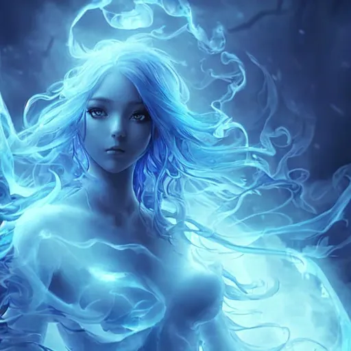 Prompt:  a young fantasy girl, she is ethereal vaporous and transparent, her skin is translucent and she is filled with cobalt smoke, her hair is Freeform smoke which flows  and swirls about her, beautiful dark chaos, swirling tones of black, cobalt and deep purple, she stands in a blue mist, snow falls all around her --ar 3:4 --iw 9 --q 2 --s 1250
