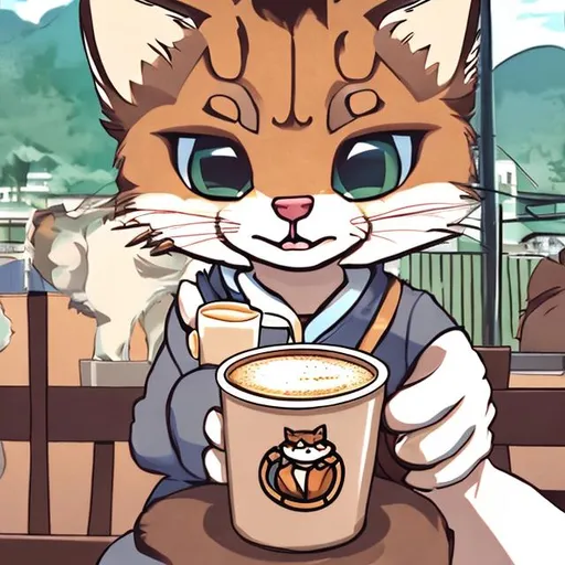 Prompt: anime bobcat holding coffee