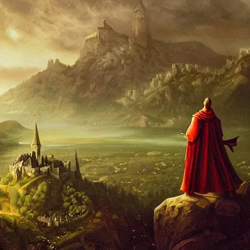 Prompt: A wizard on the edge of a mountain overlooking a kingdom, medieval aesthetic, dark aesthetic,