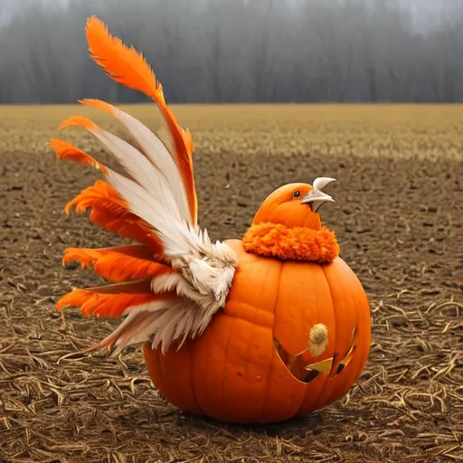 Prompt: Turkey dressed like a pumpkin and his tail feathers spread out on a farm