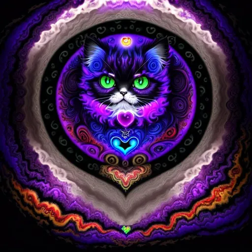 Prompt: Beautiful, Epic, Amazing, dark swirl, 3D, HD, Mandelbrot Julia Fractal ink, (Beautiful {Furry! Persian Kitten}Sugarskull and happy face) green red yellow blue gold silver black), freeform psychedelic chaos ultra HD, digital painting,  desert with {heart-shaped Sunset} background, uber detailed, 64k, high quality, sharp focus, studio photo, intricate details, highly detailed --s98500
