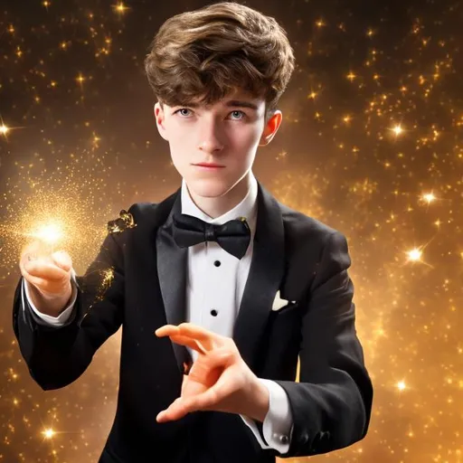 Prompt: 16 year old boy in a tuxedo waving his magic wand causing a small golden sparkling magic spell to form on the top of it