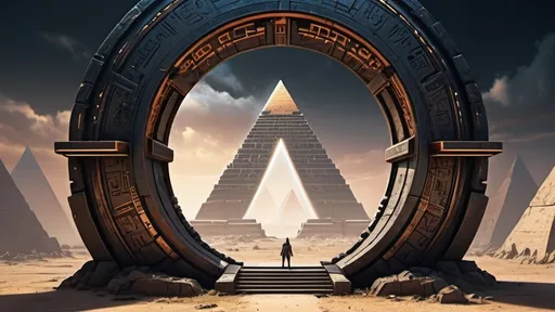 Prompt: circular portal, gateway between cities realms worlds kingdoms, ring standing on edge, freestanding ring, hieroglyphs on ring, complete ring, obelisks, pyramids, panoramic view, cyberpunk dystopian setting