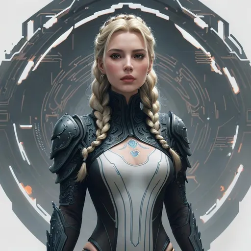 Prompt: full-body portrait of a woman with long white braided hair, looks like grace kelly, cyberpunk art, she wears a black armored tron leotard. character portrait, intricate detail inspired by Greg Rutkowski, Craig Mullins, and Krenz Cushart

BREAK

detailed matte painting, deep color, fantastical, intricate detail, splash screen, complementary colors, fantasy concept art, 8k resolution trending on Artstation Unreal Engine 5