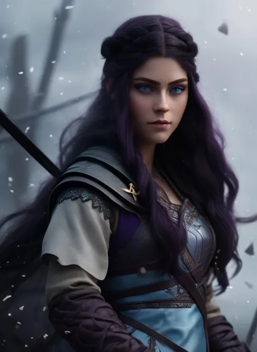 Prompt: she has dark purple hair, one braid in hair, create most beautiful fictional female viking princess warrior, dark purple hair, light blue eyes, extremely detailed environment, detailed background, intricate, detailed skin, professionally color graded, photorealism, 8k, moody lighting