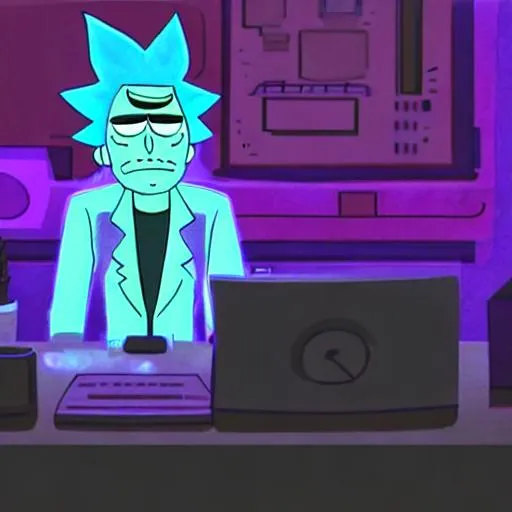 Prompt: Rick Sanchez, the iconic animated character from the show Rick and Morty, sitting at a computer in a dark cyberpunk-style room, typing away on the keyboard as he writes complex lines of code. In his hand, he holds a flask of green liquid, and nearby is his signature portal gun. The scene is illuminated by the glow of the computer screen and other electronic equipment scattered around the room.