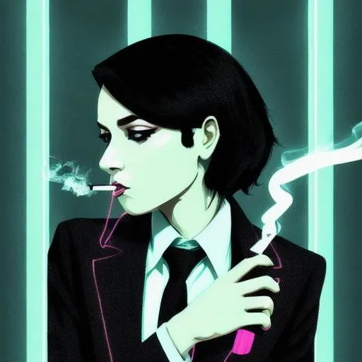 Prompt: digital art style, portrait, beautiful woman with black hair and wearing suit, smoking at night, neon